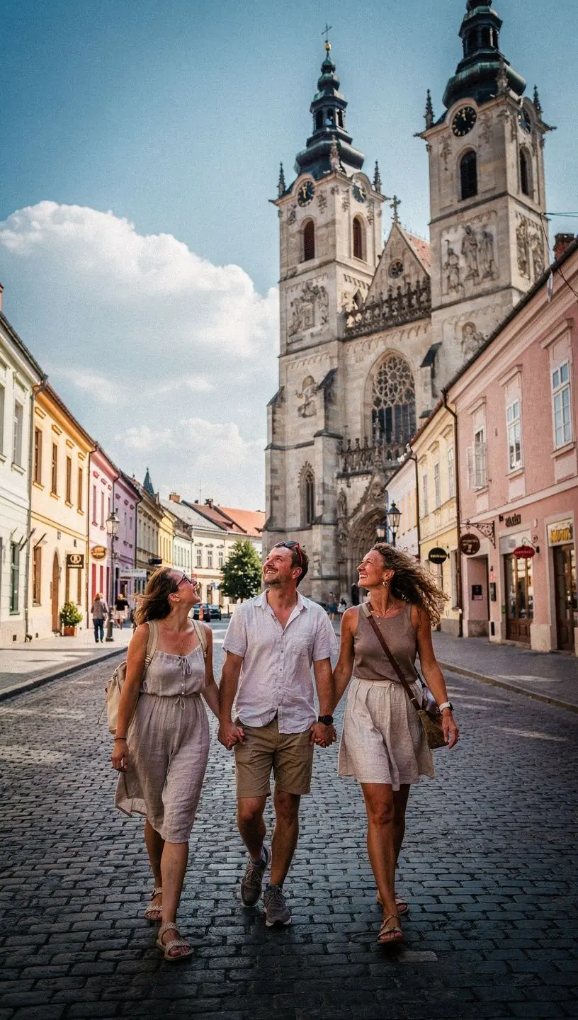 A group of travelers exploring the beautiful landscapes of the High Tatras mountains during a sunny day.